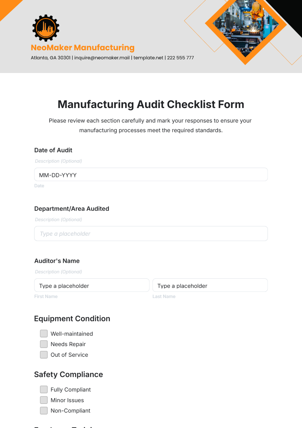 Manufacturing Audit Checklist Form Template - Edit Online & Download