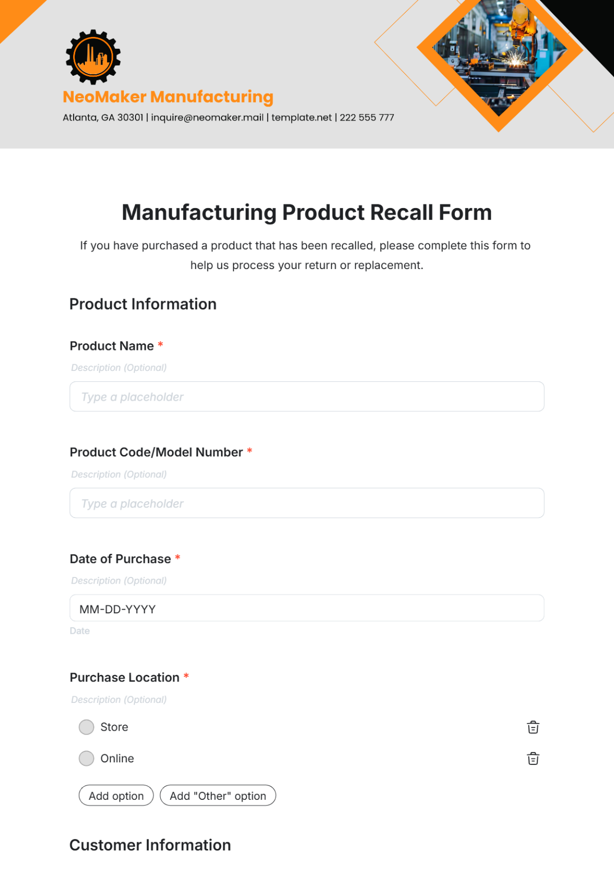 Manufacturing Product Recall Form Template - Edit Online & Download