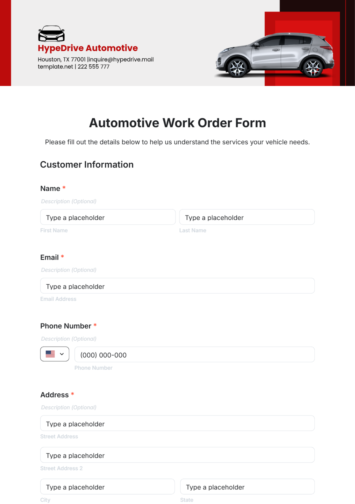 Free Automotive Work Order Form Template