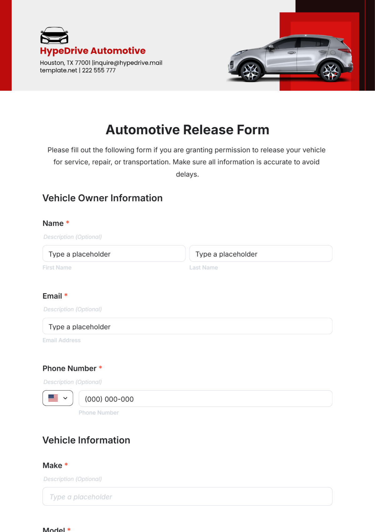 Automotive Release Form Template - Edit Online & Download