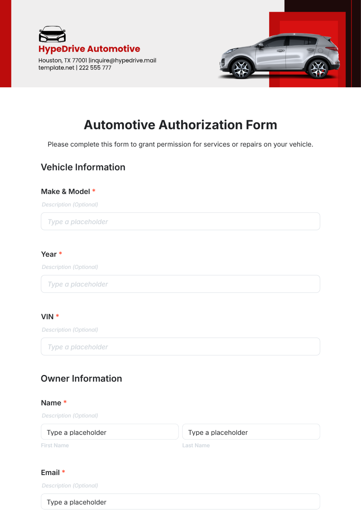 Automotive Authorization Form Template - Edit Online & Download