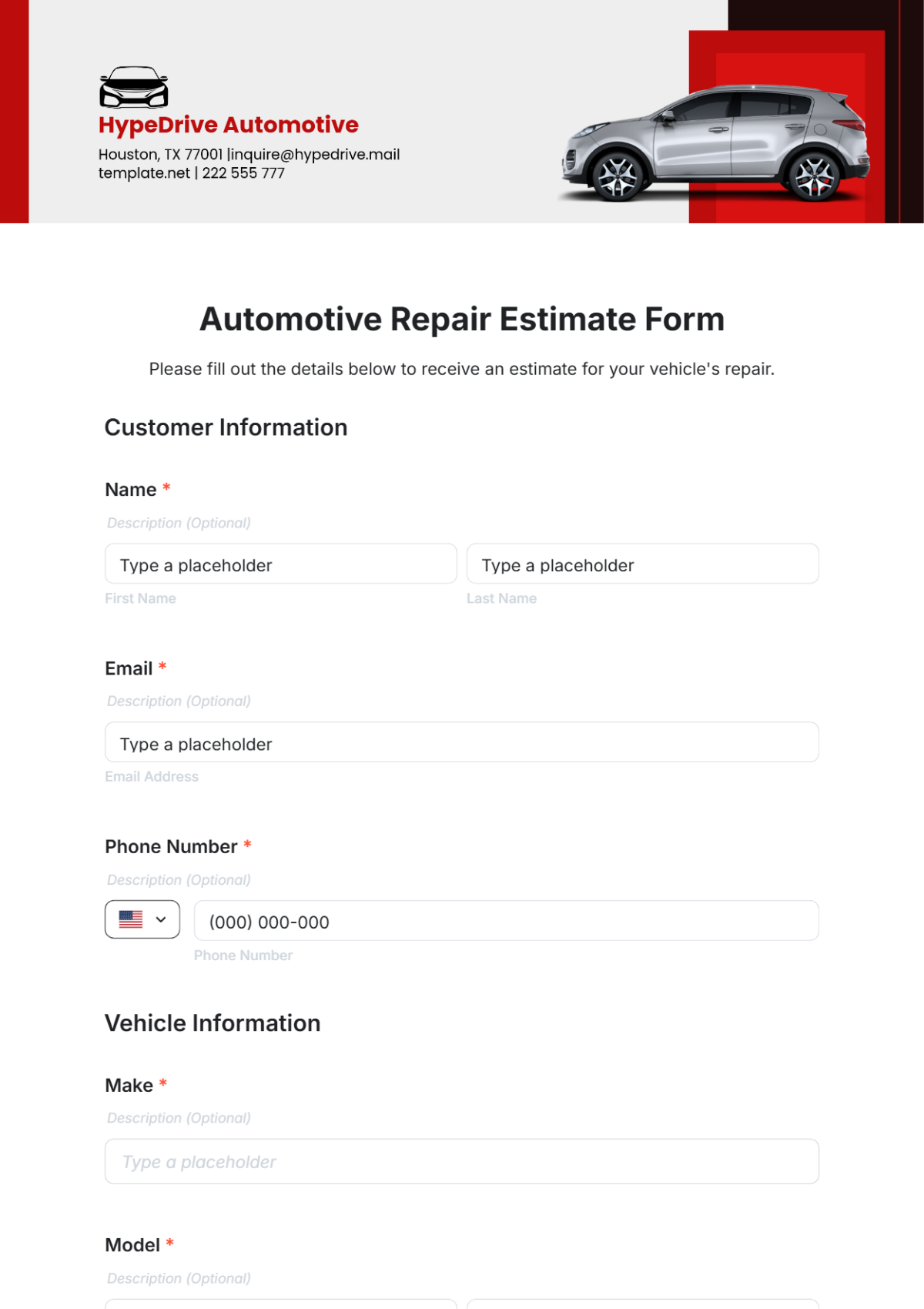 Automotive Repair Estimate Form Template - Edit Online & Download