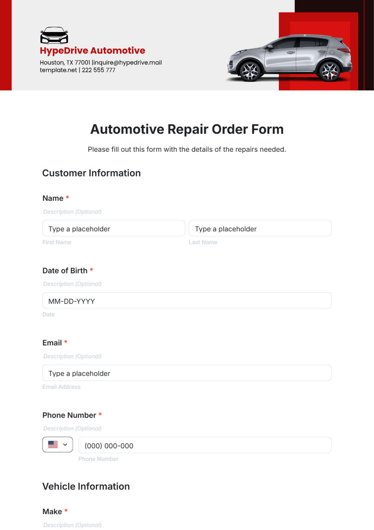 Free Automotive Repair Order Form Template