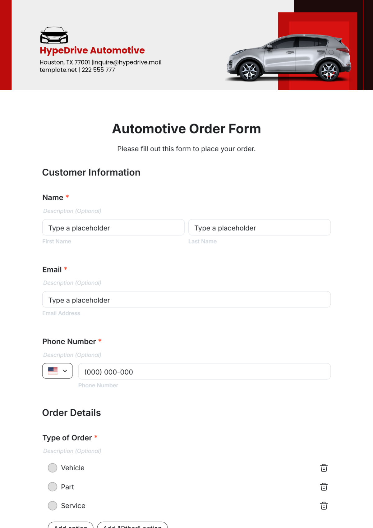 Automotive Order Form Template - Edit Online & Download