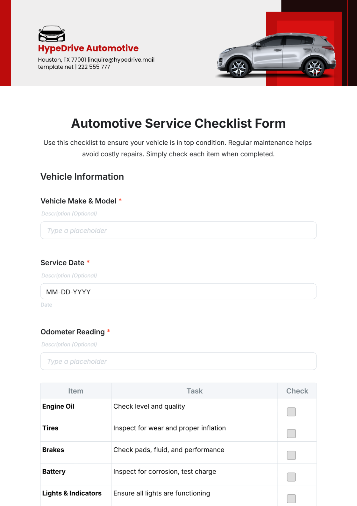 Automotive Service Checklist Form Template - Edit Online & Download