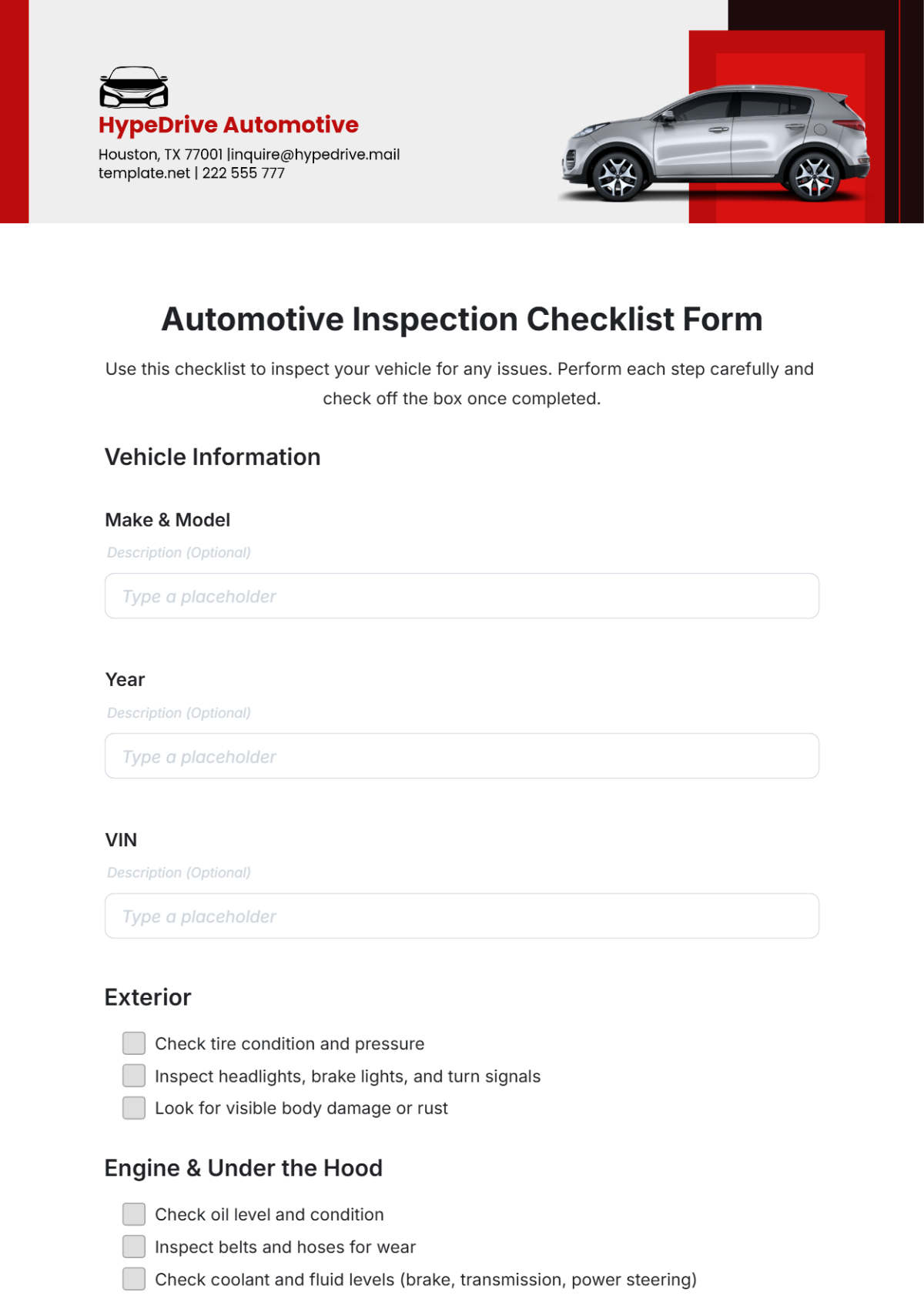 Automotive Inspection Checklist Form Template - Edit Online & Download