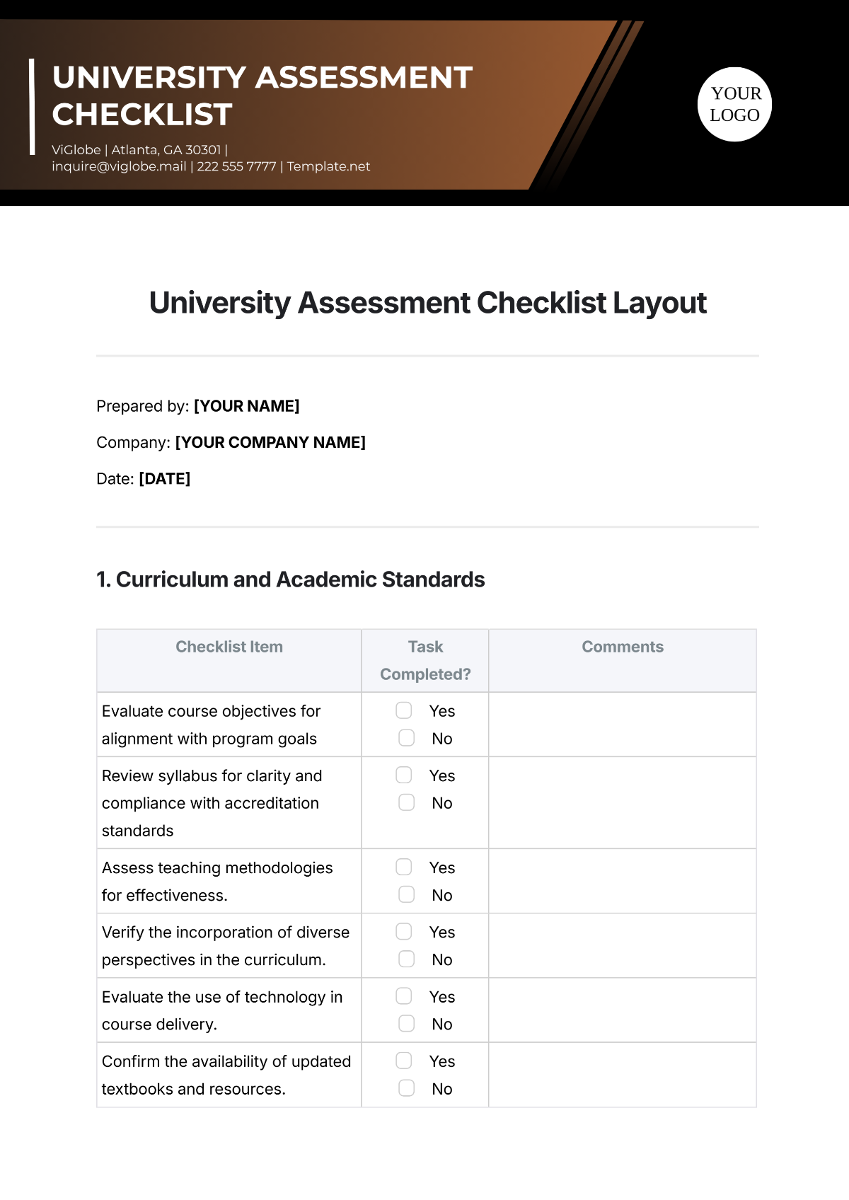 University Assessment Checklist Layout Template