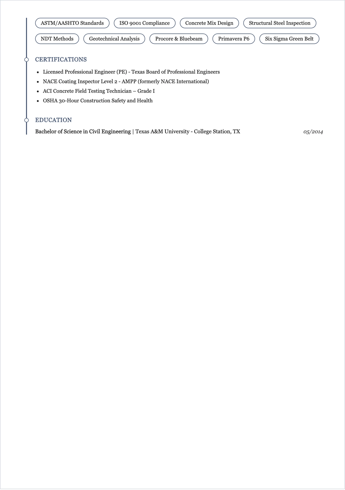 Free Quality Control Civil Engineer ATS Resume Template