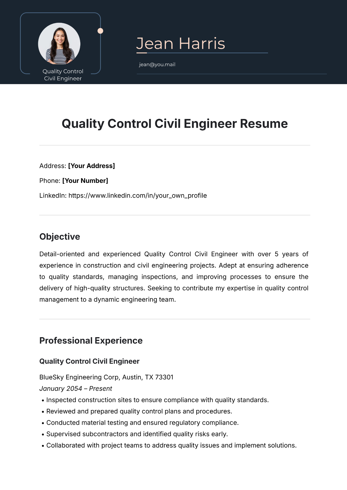 Quality Control Civil Engineer Resume Template