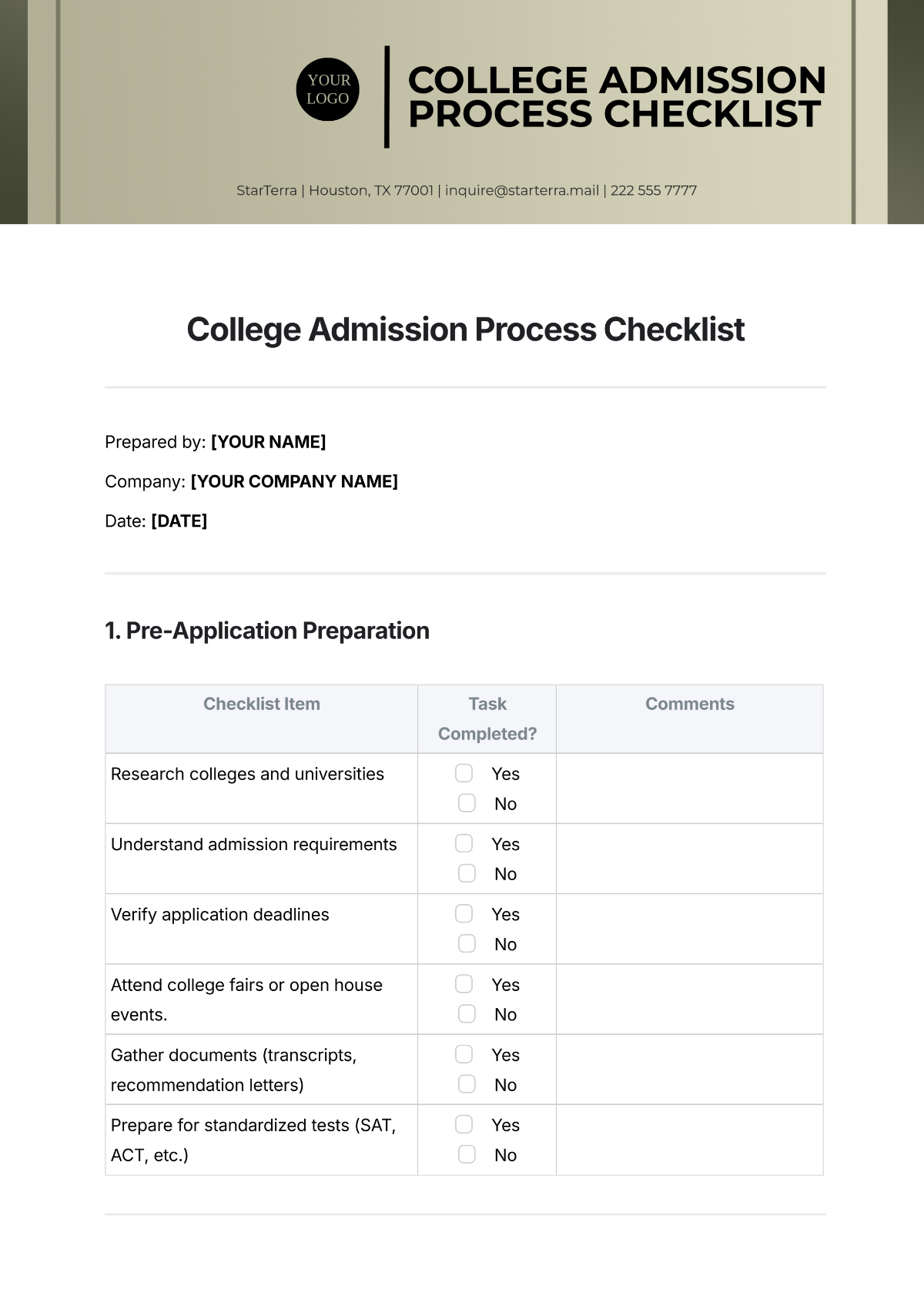 College Admission Process Checklist Template