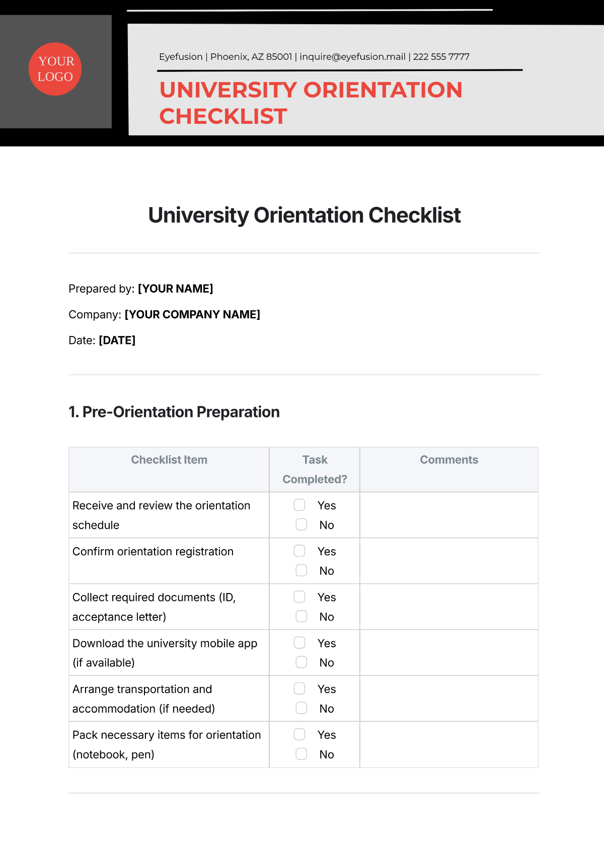 University Orientation Checklist Template