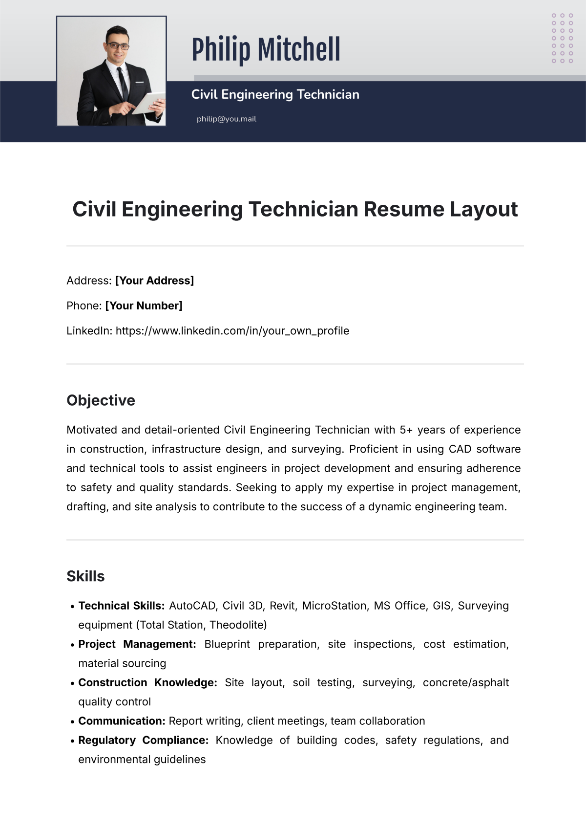 Civil Engineering Technician Resume Layout Template