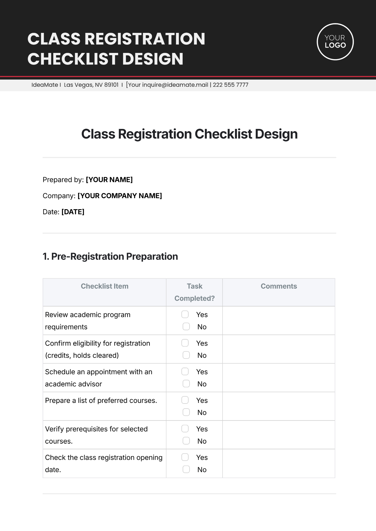 Class Registration Checklist Design Template