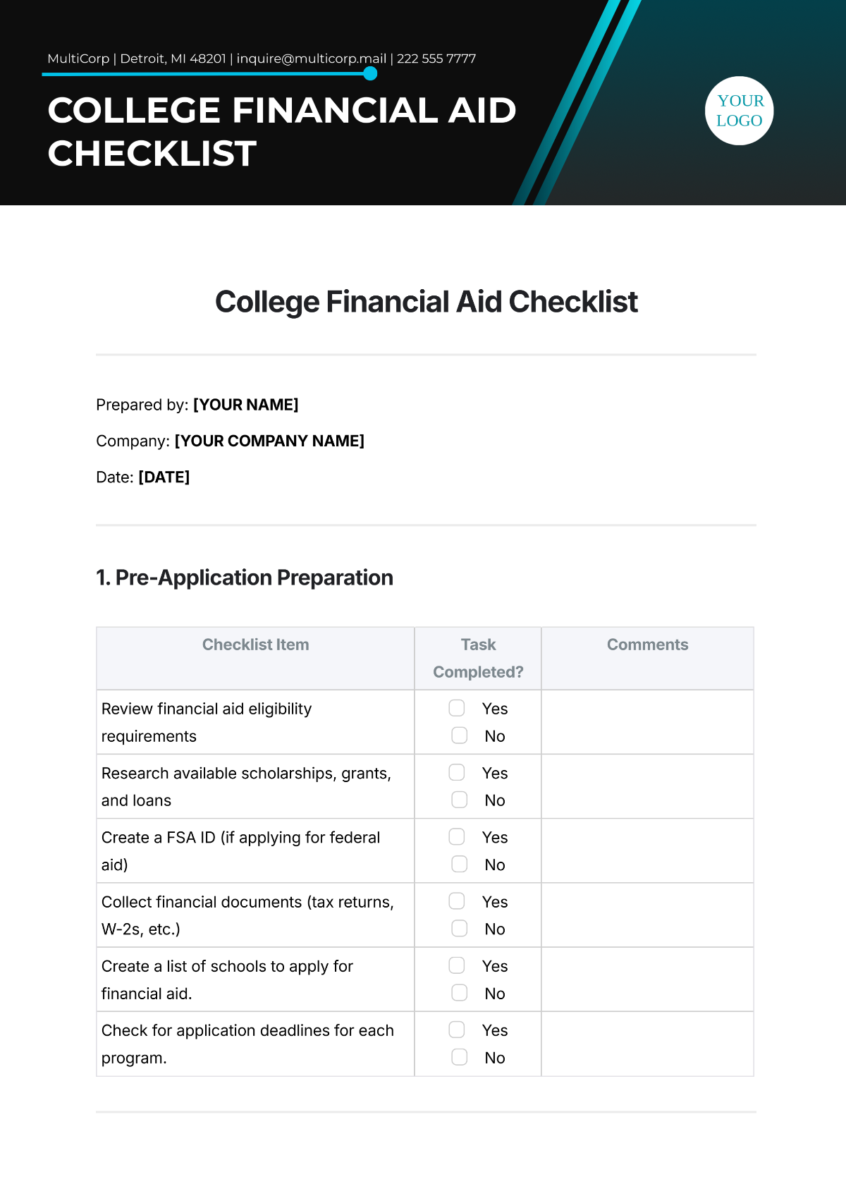 College Financial Aid Checklist Template