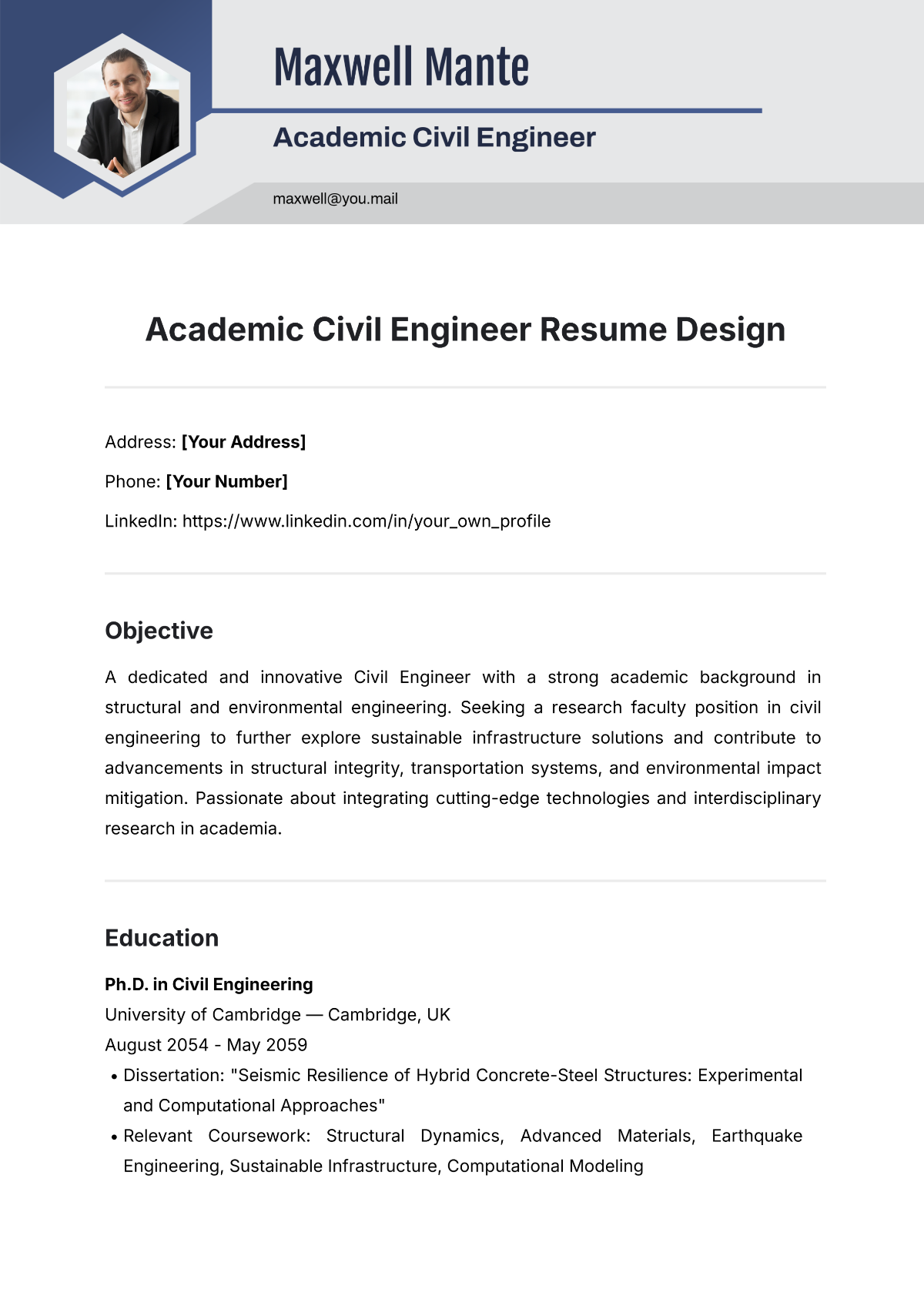 Academic Civil Engineer Resume Design Template - Edit Online & Download