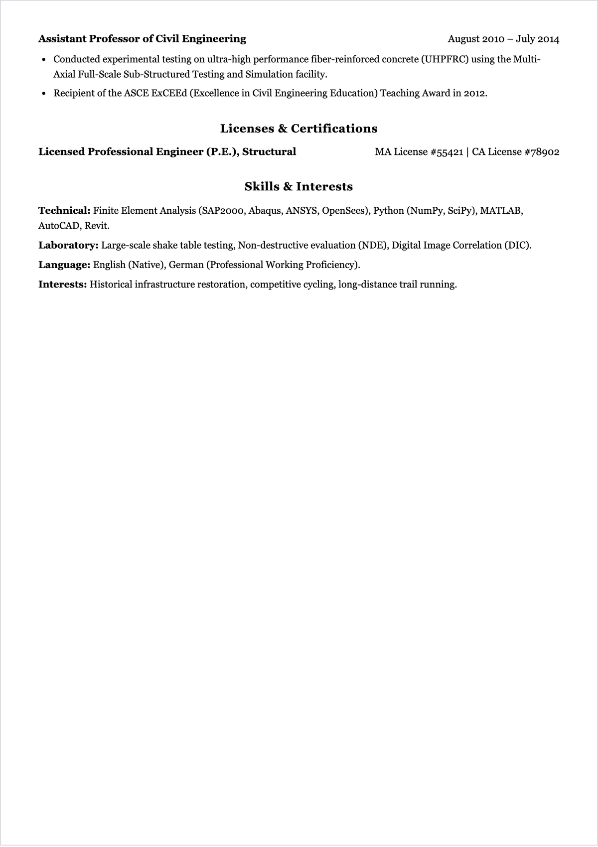 Free Academic Civil Engineer ATS Resume Template, AI Resume Builder