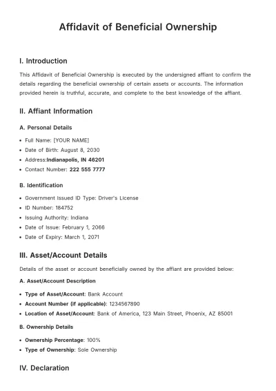 Free Affidavit of Beneficial Ownership Template to Edit Online