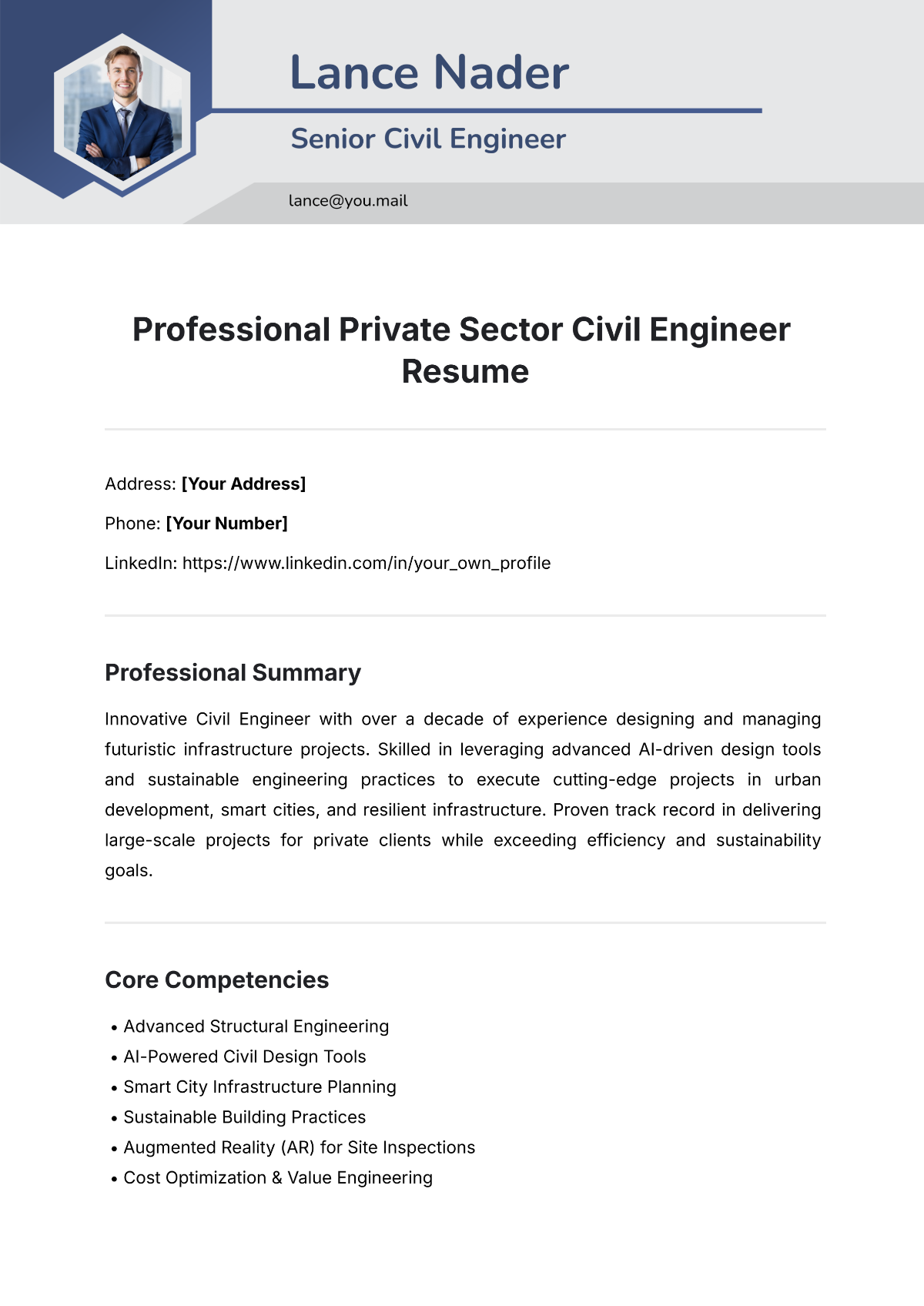 Professional Private Sector Civil Engineer Resume Template - Edit Online & Download