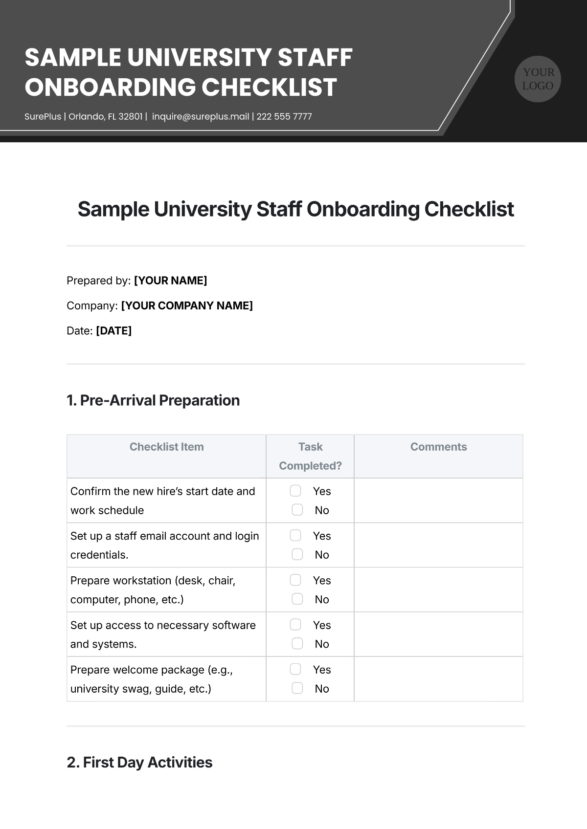 Sample University Staff Onboarding Checklist Template - Edit Online & Download