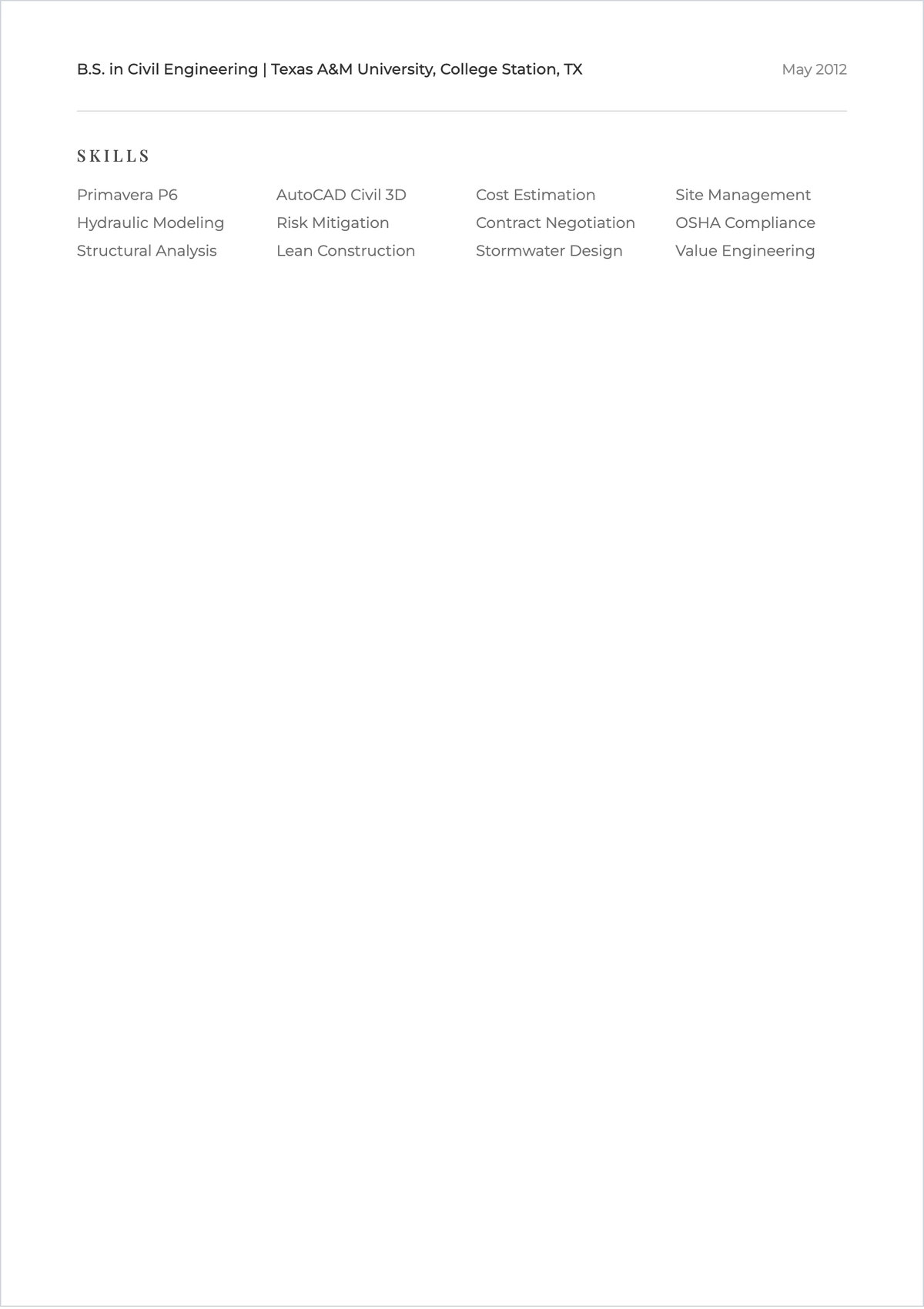 Free Project Manager for Civil Engineer ATS Resume Template