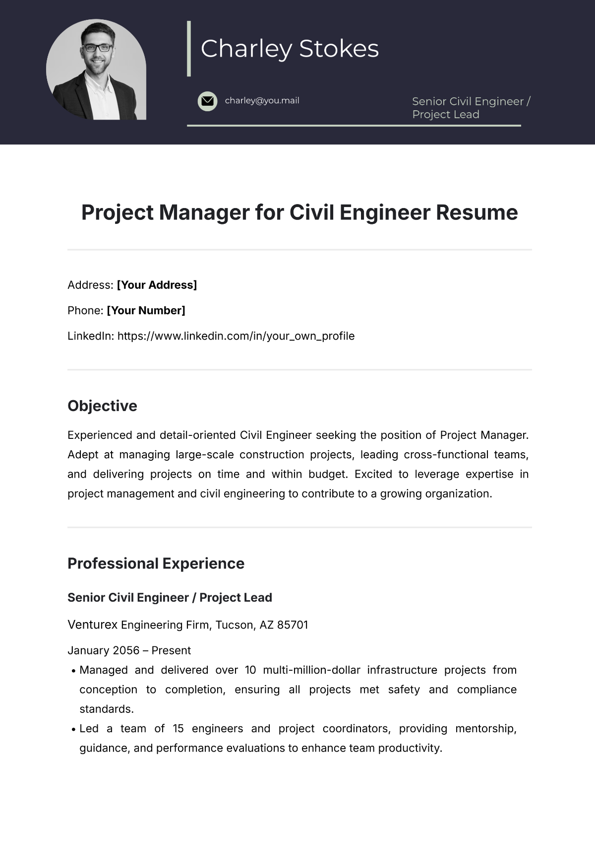 Project Manager for Civil Engineer Resume Template