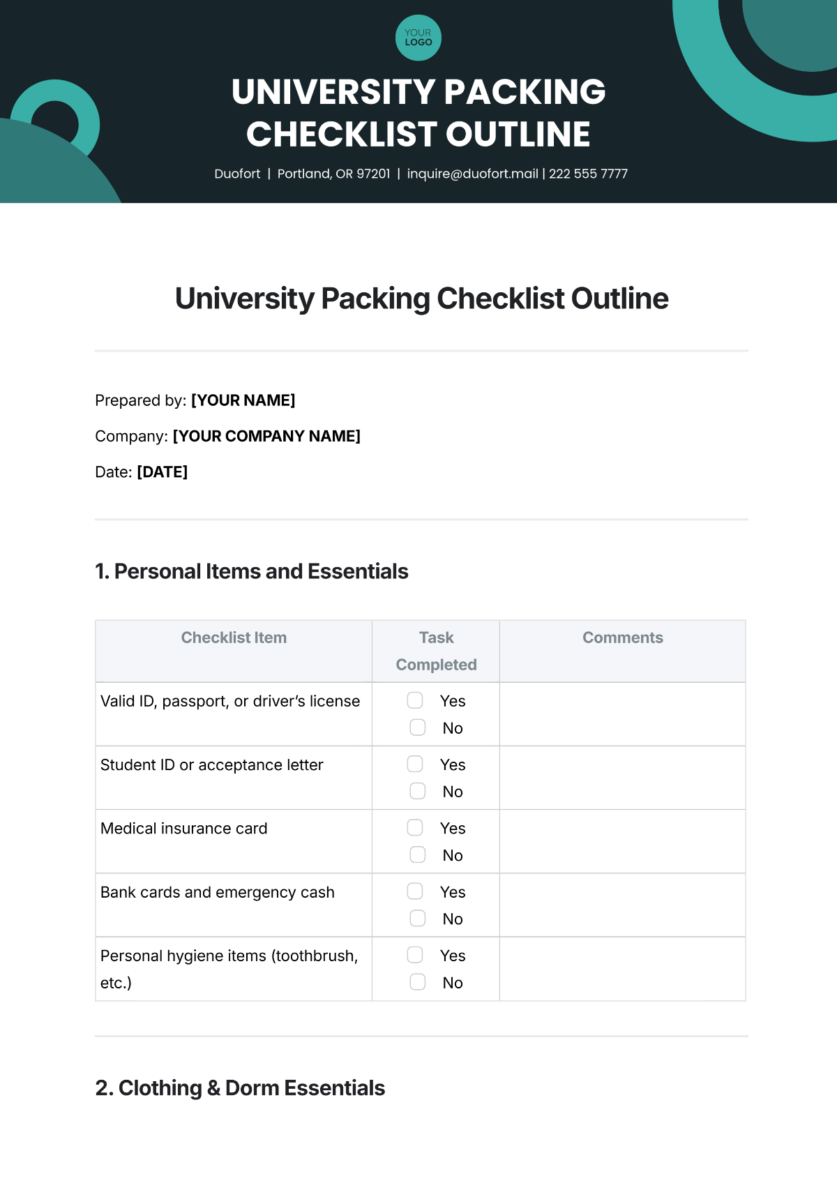 University Packing Checklist Outline Template