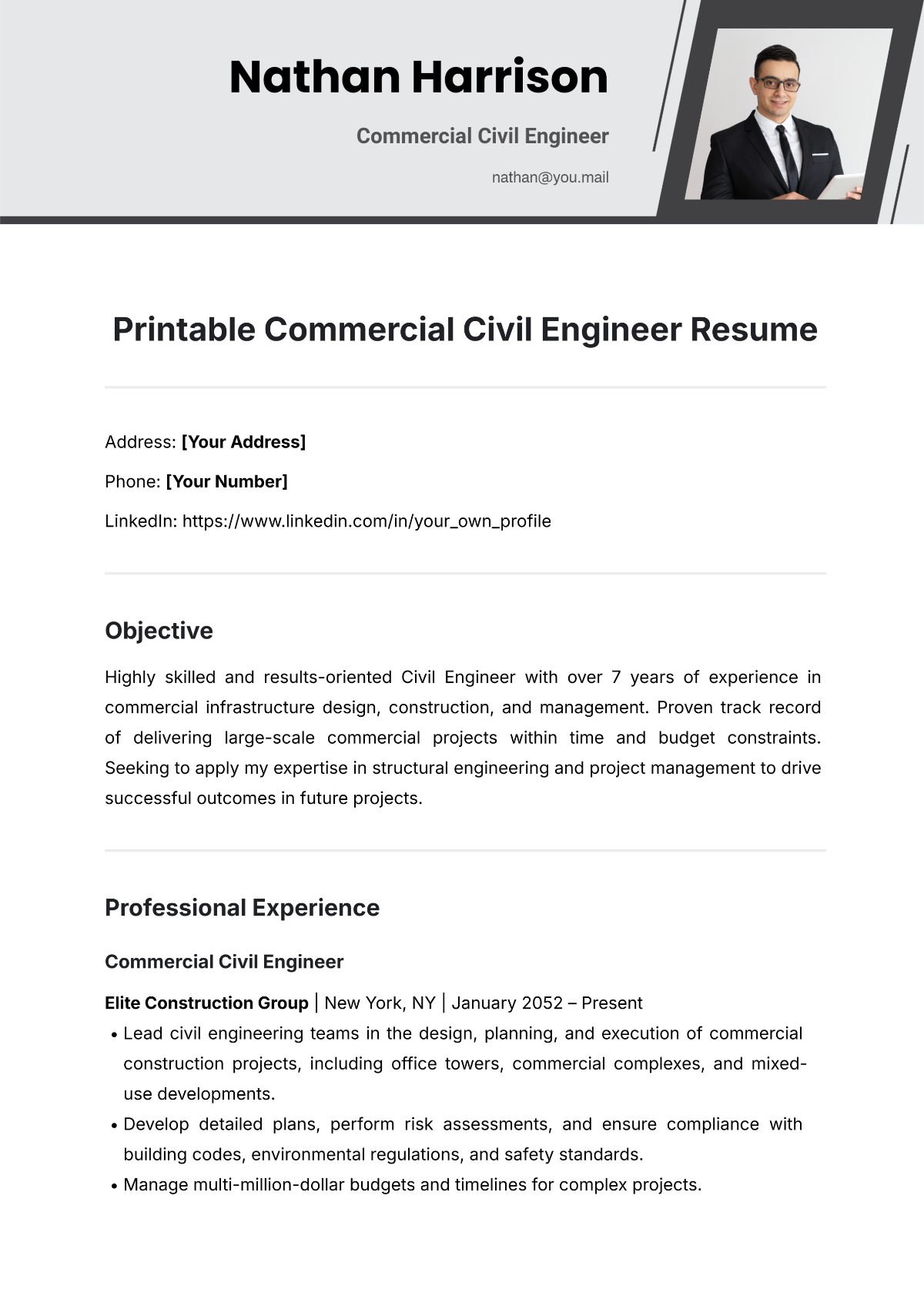 Printable Commercial Civil Engineer Resume Template