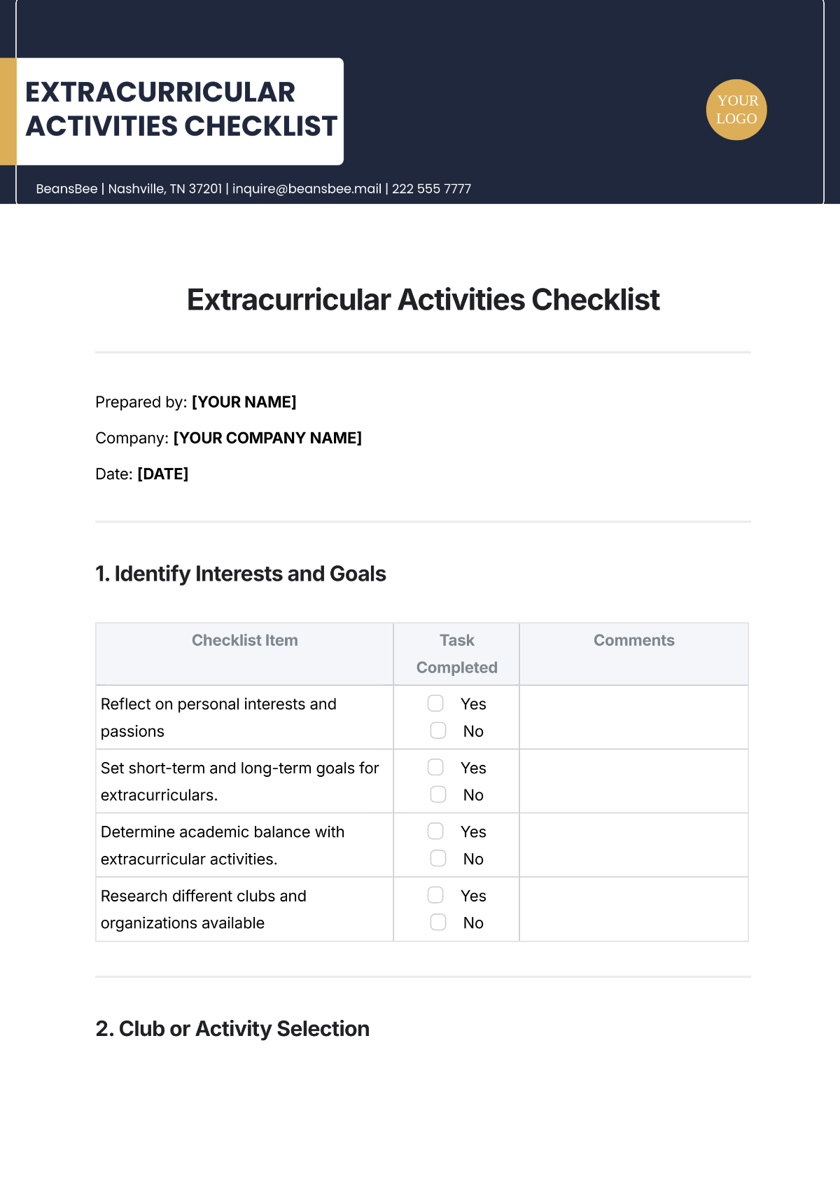 Extracurricular Activities Checklist Template