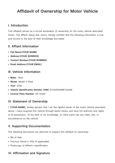 Free Affidavit of Ownership for Motor Vehicle Template to Edit Online