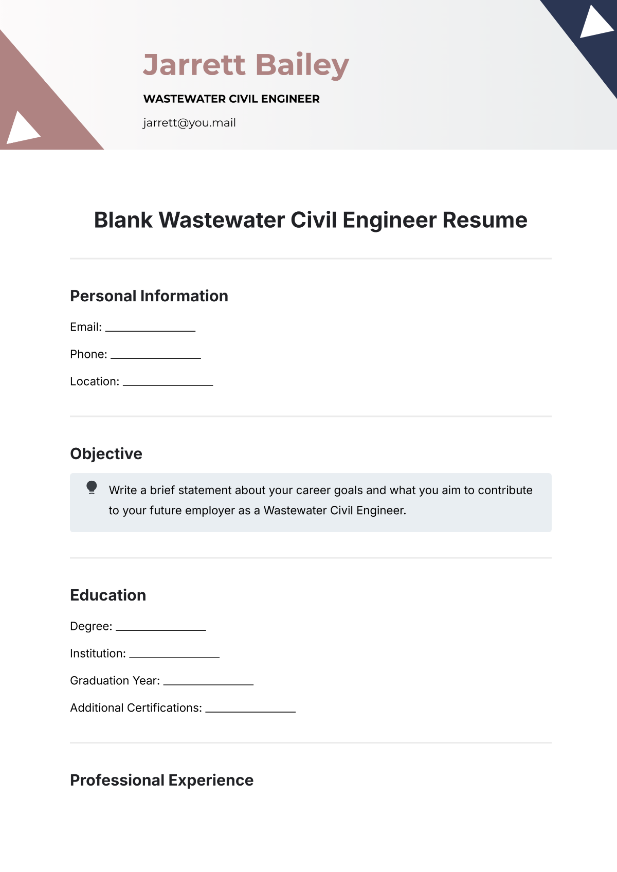 Blank Wastewater Civil Engineer Resume Template