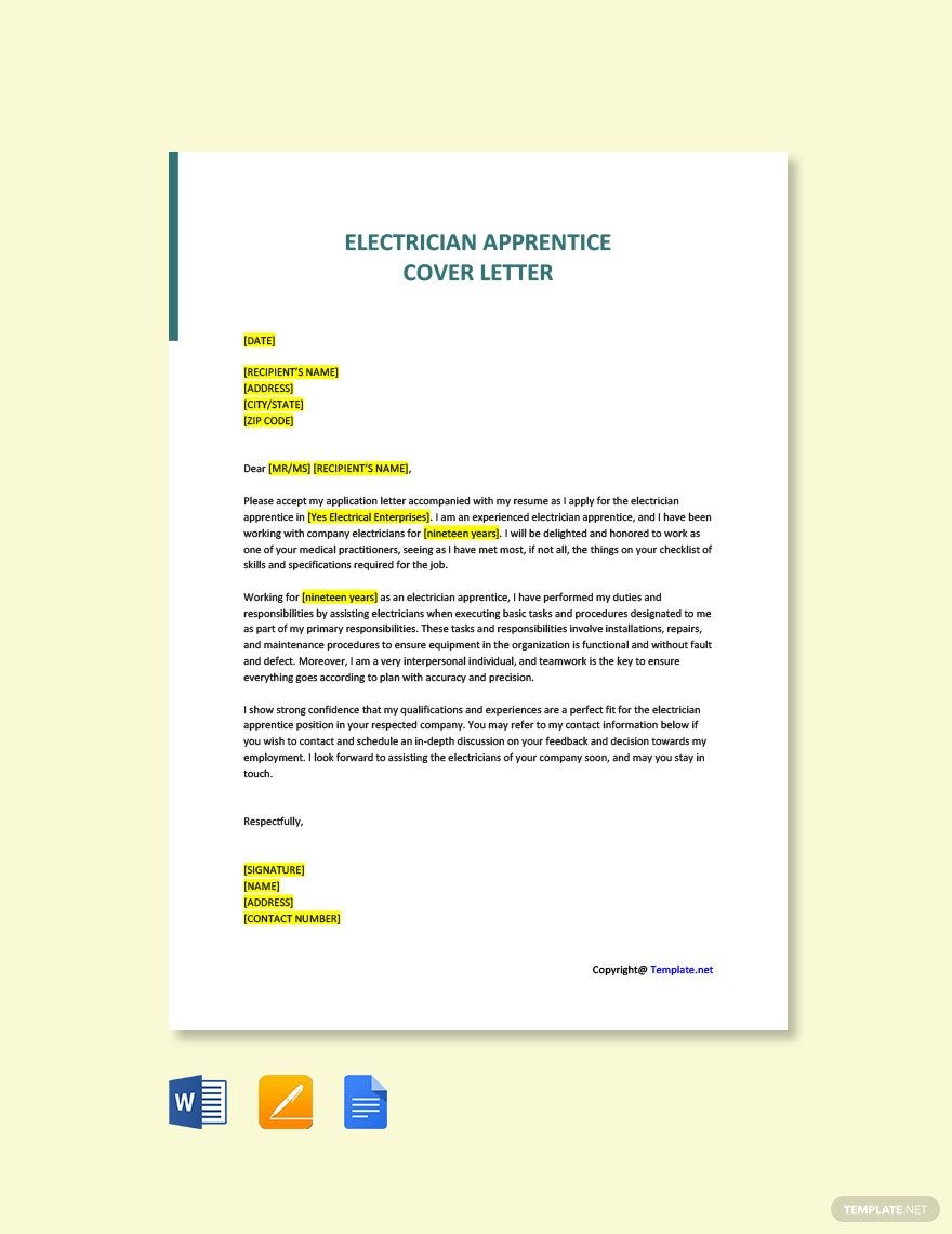 Electrician Apprentice Cover Letter in Word, Pages, PDF, Google Docs - Download | Template.net