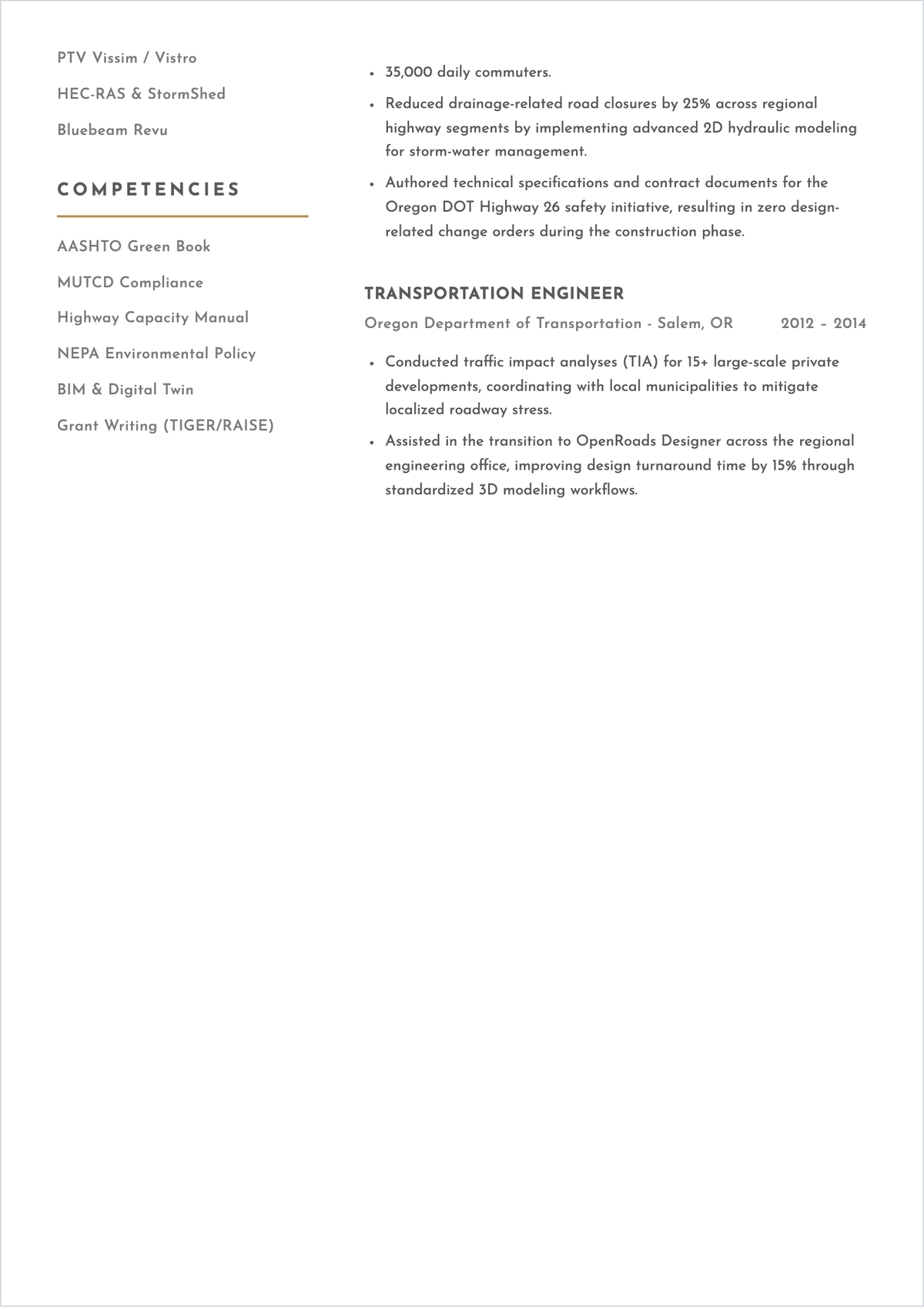 Free Transportation Civil Engineer ATS Resume Template