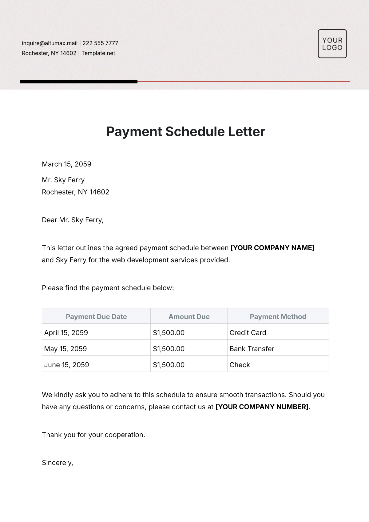 Payment Schedule Letter Template - Edit Online & Download