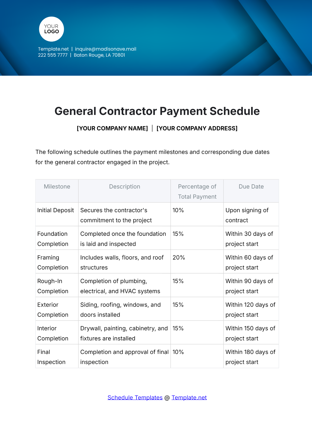 General Contractor Payment Schedule Template - Edit Online & Download