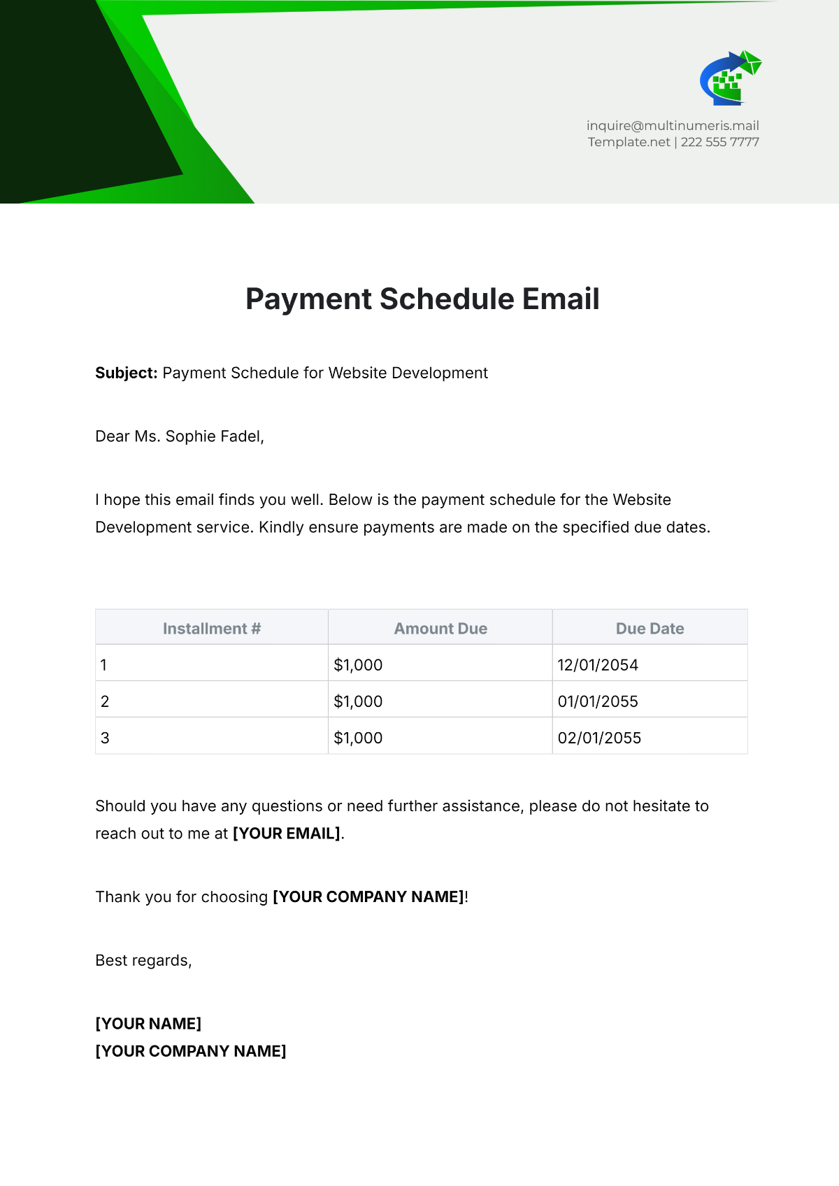 Payment Schedule Email Template - Edit Online & Download