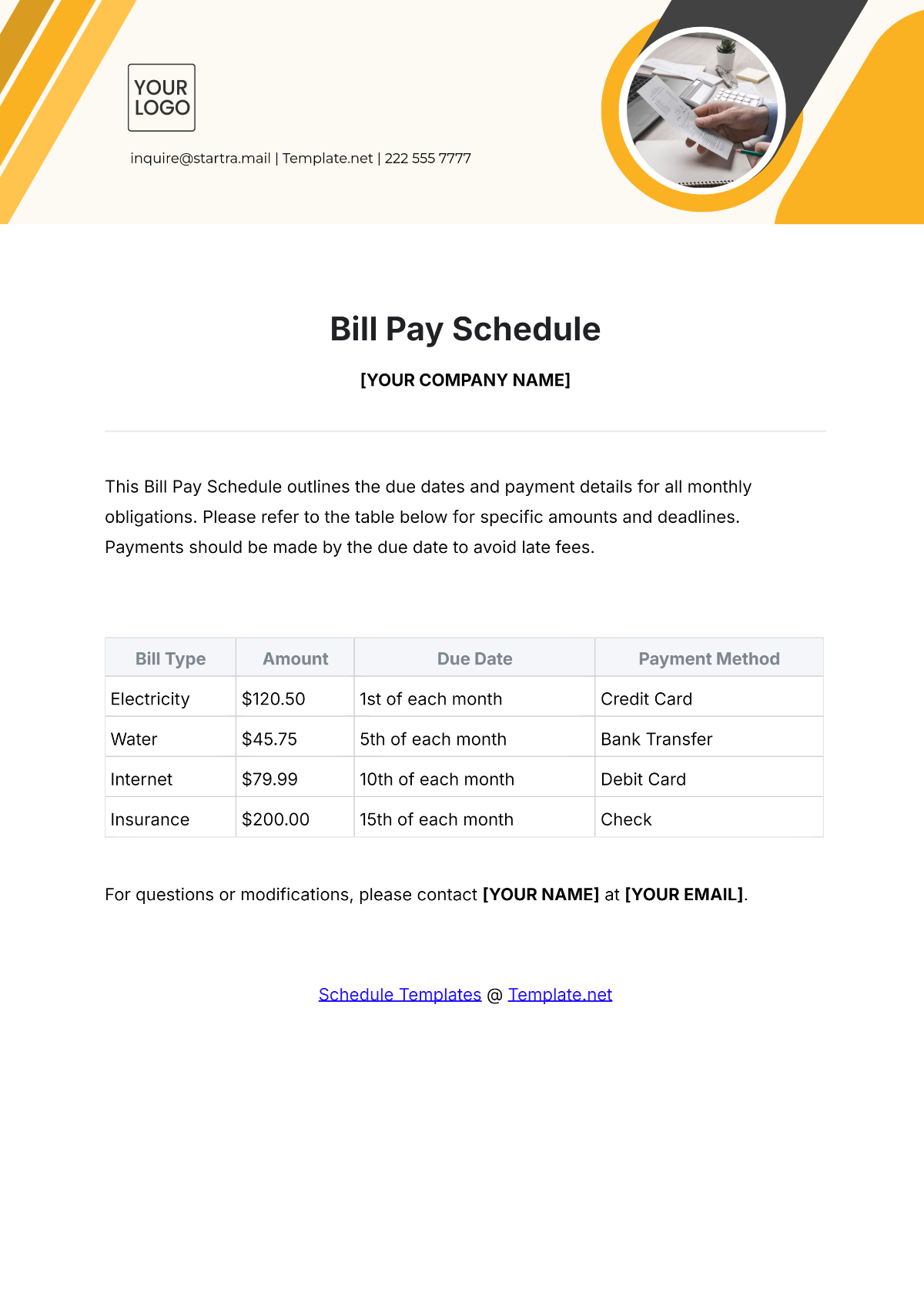 Bill Pay Schedule Template - Edit Online & Download