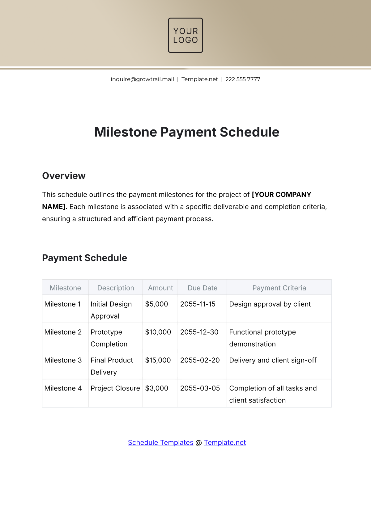 Milestone Payment Schedule Template - Edit Online & Download