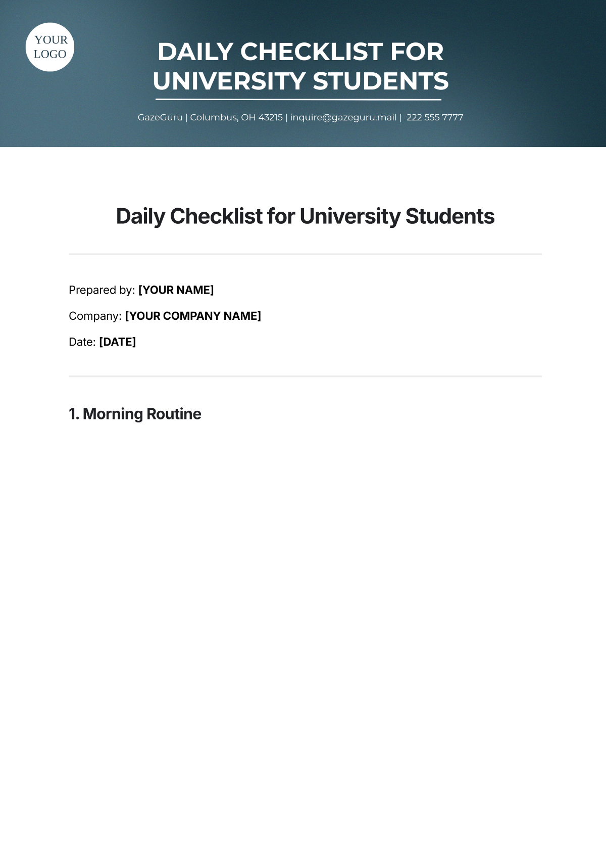 Daily Checklist for University Student Template