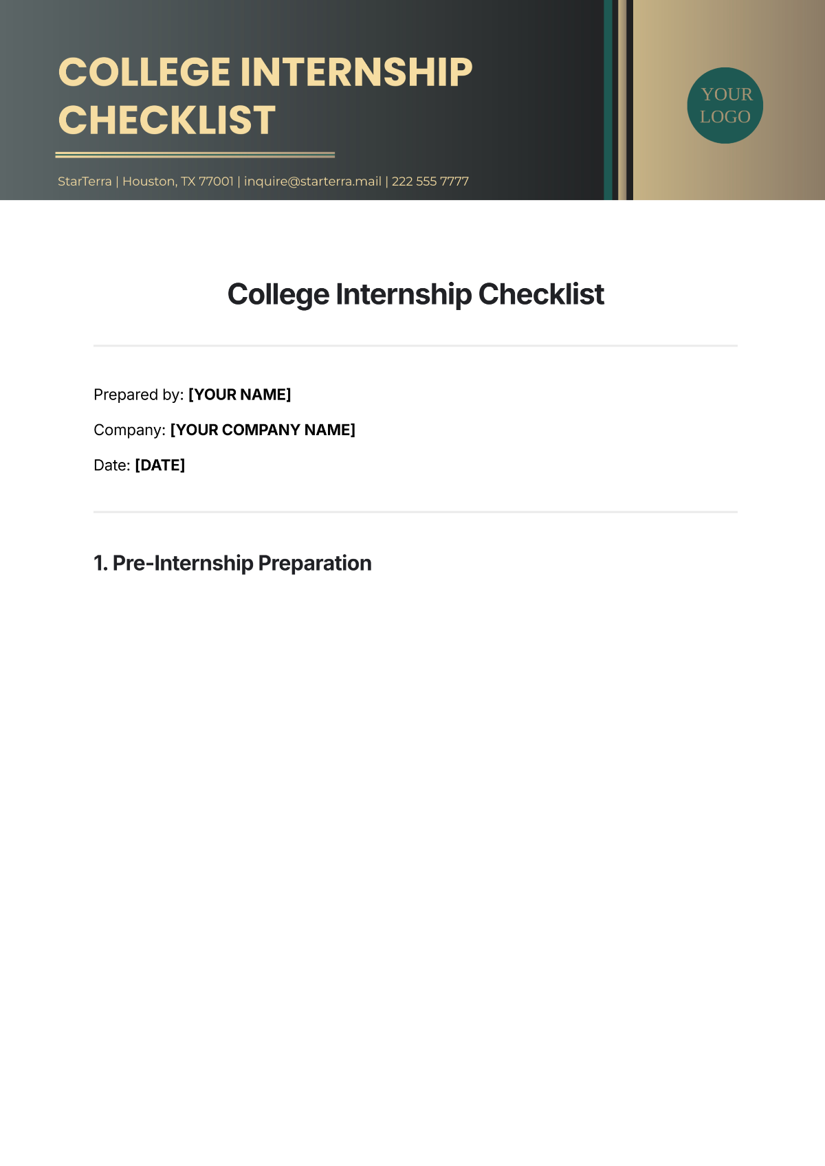 College Internship Checklist Template