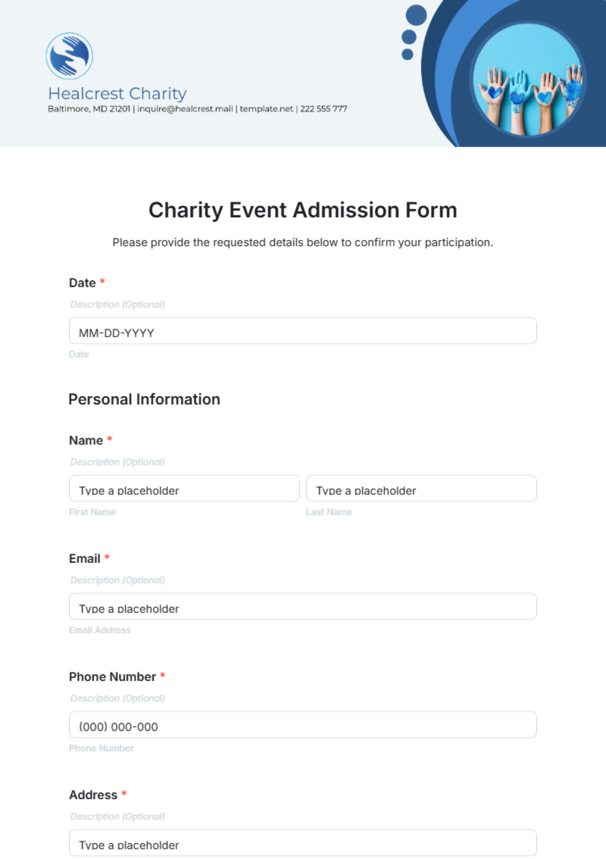 Charity Event Admission Form Template - Edit Online & Download