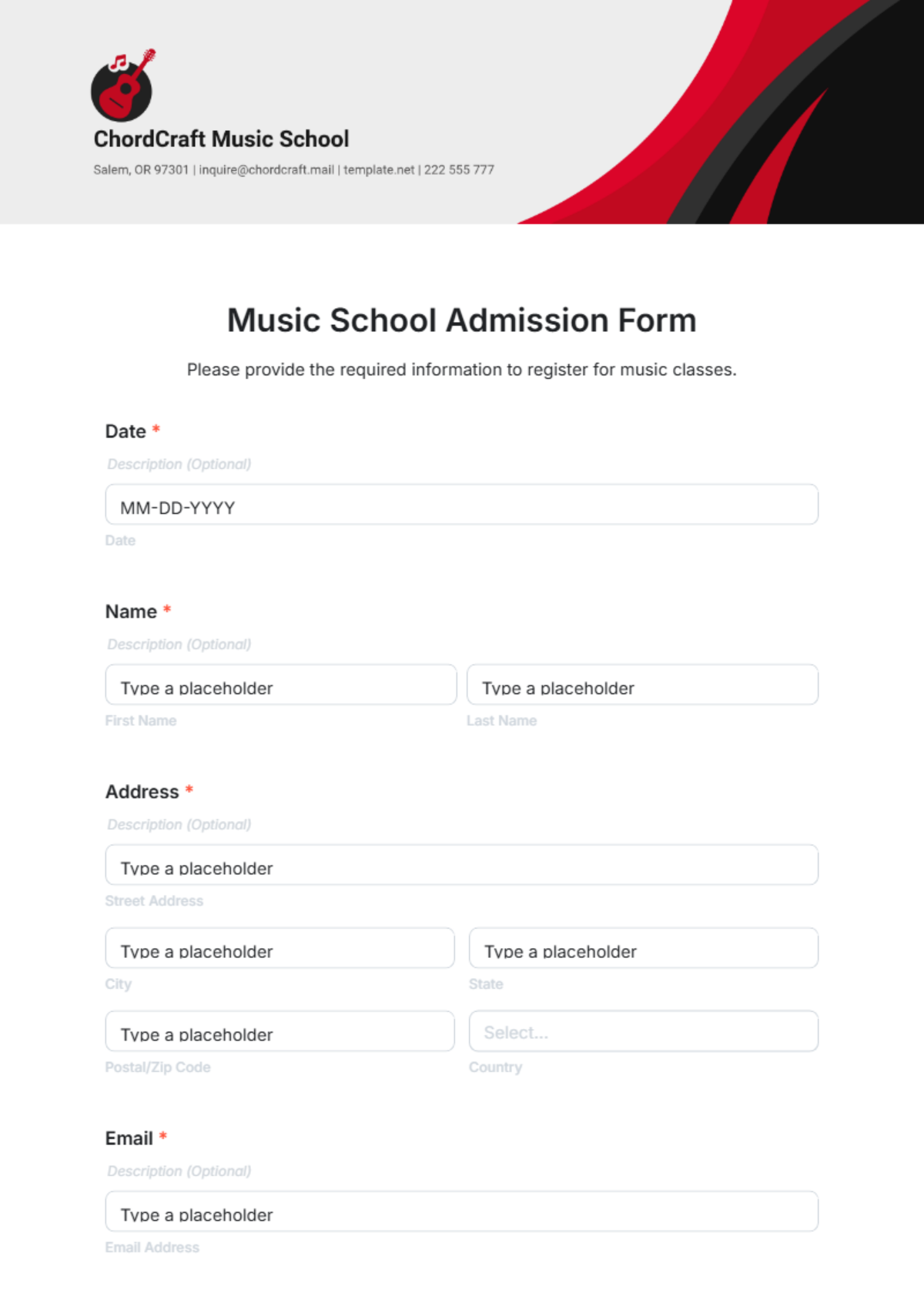 Music School Admission Form Template - Edit Online & Download