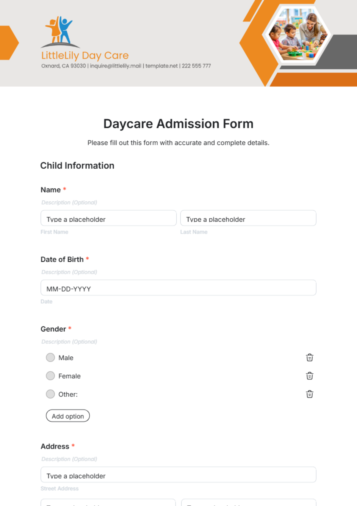 Daycare Admission Form Template - Edit Online & Download