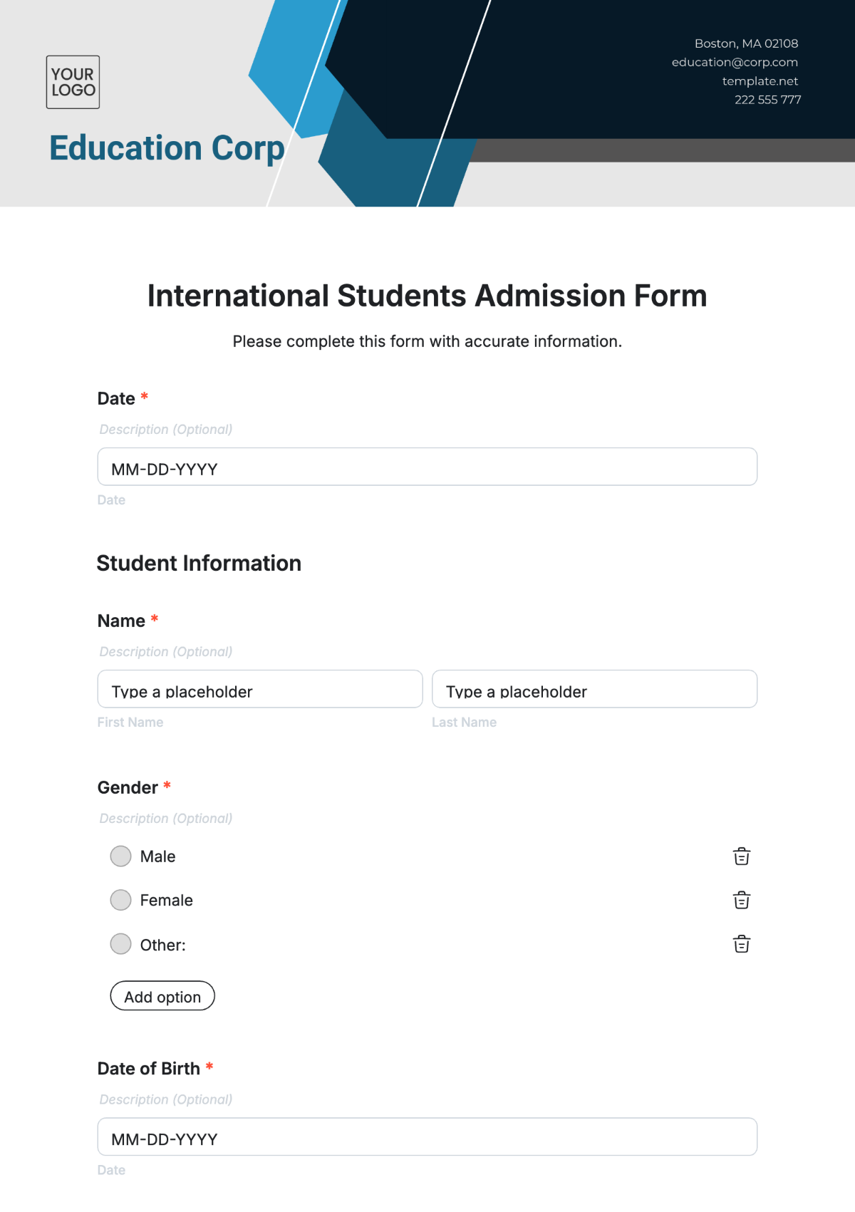 International Students Admission Form Template - Edit Online & Download