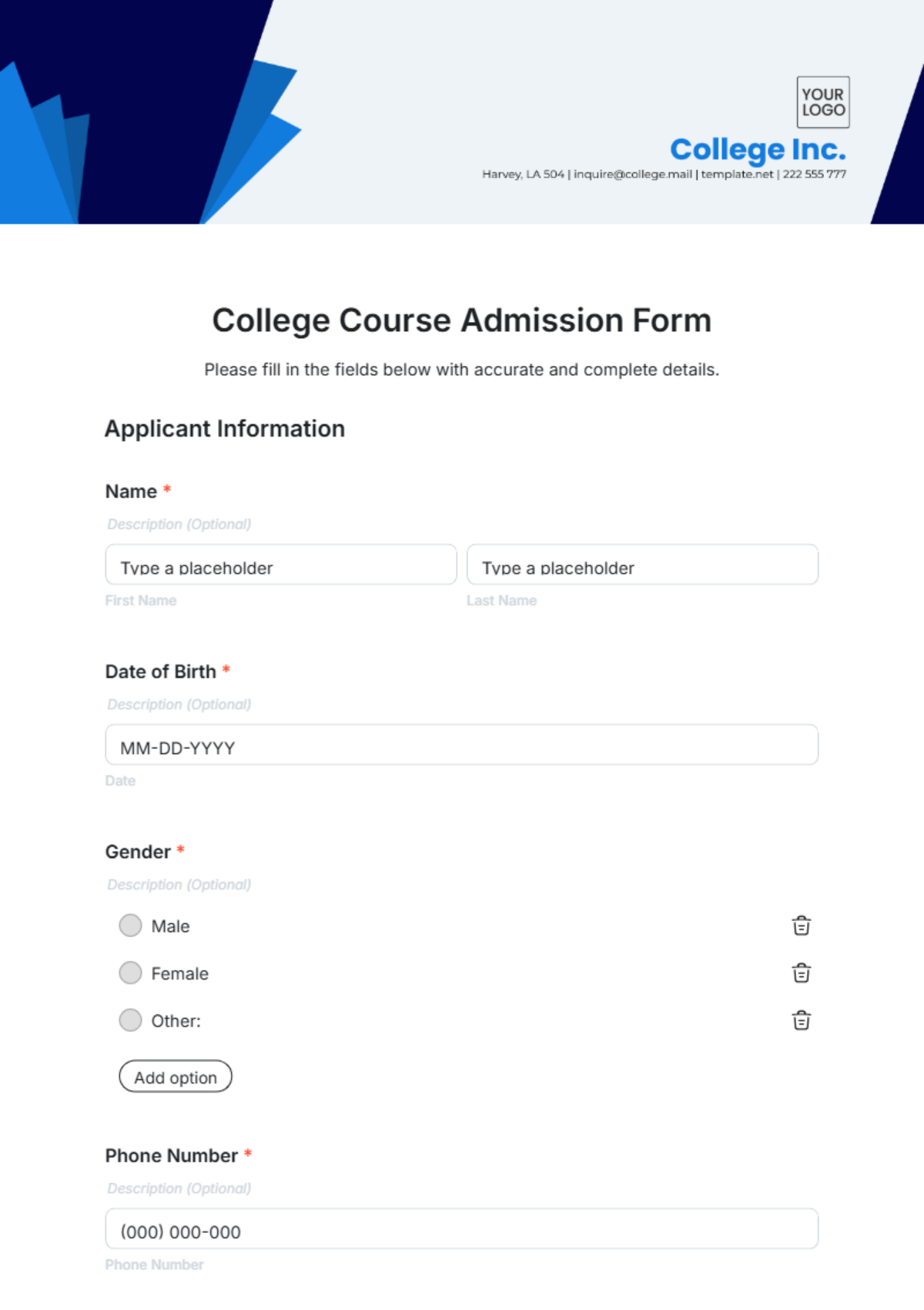 College Course Admission Form Template - Edit Online & Download