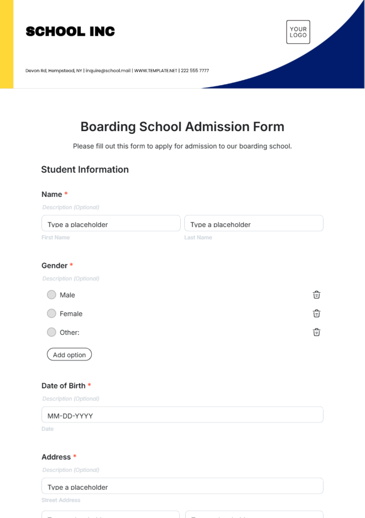 Boarding School Admission Form Template