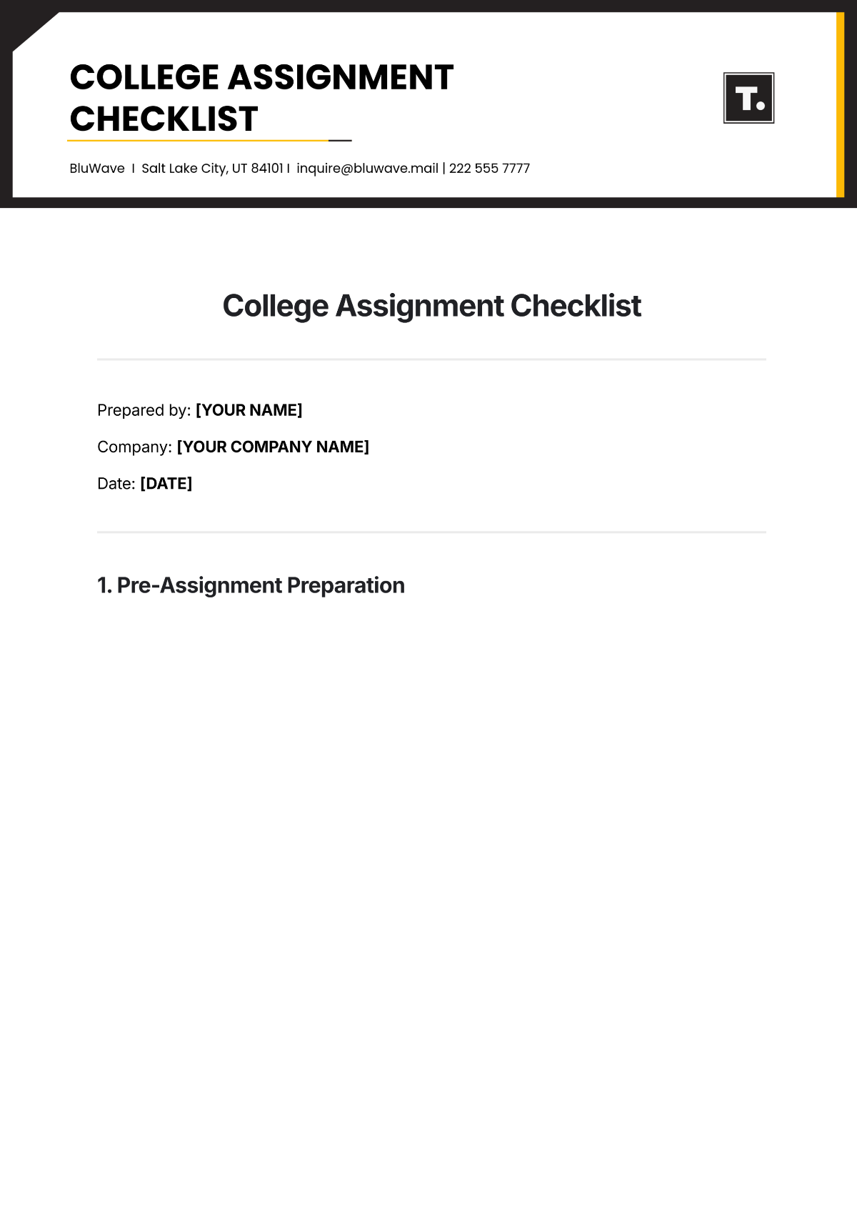 College Assignment Checklist Template - Edit Online & Download