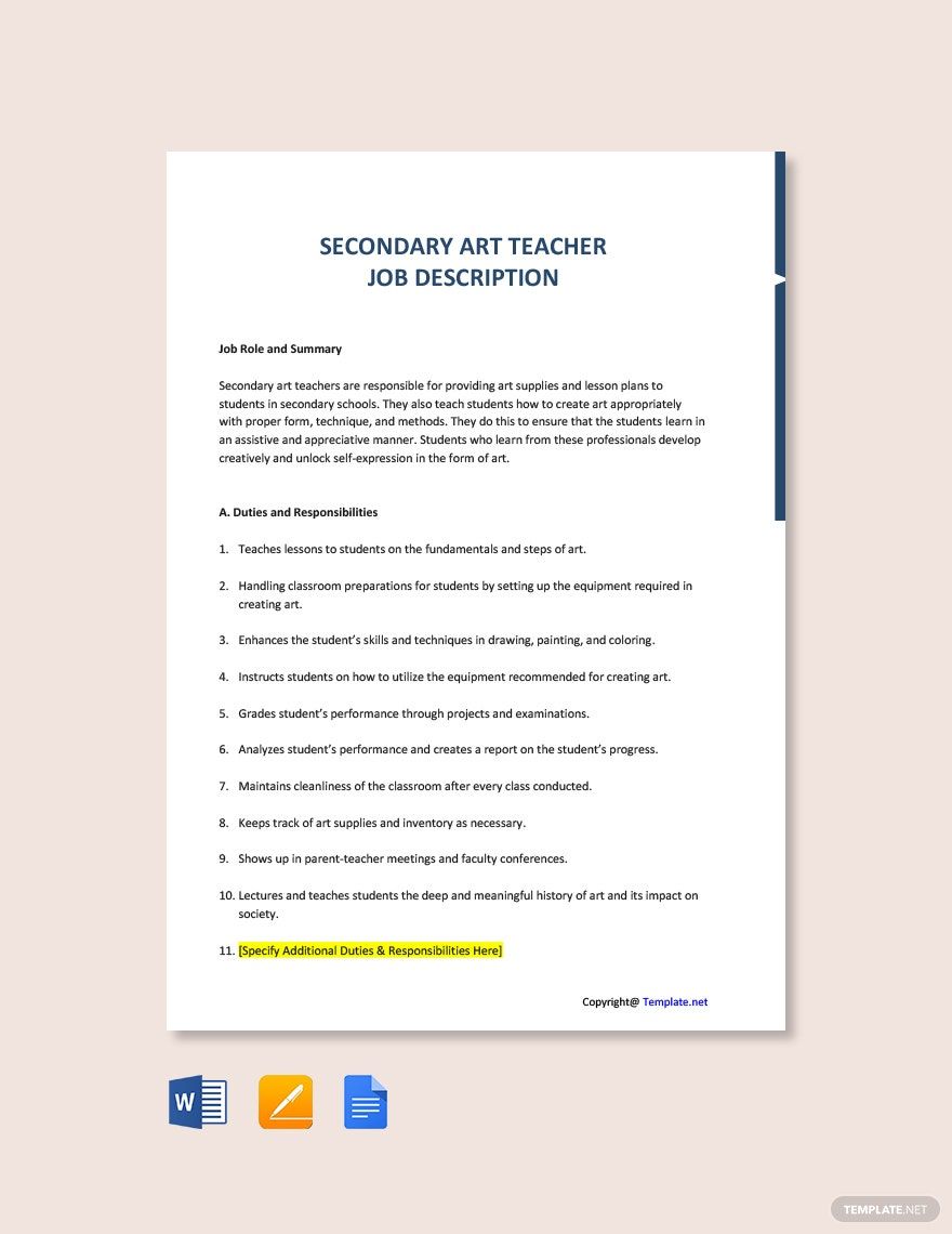 Art PDF Templates Free Download Template Net   Secondary Art Teacher Job Description 1 