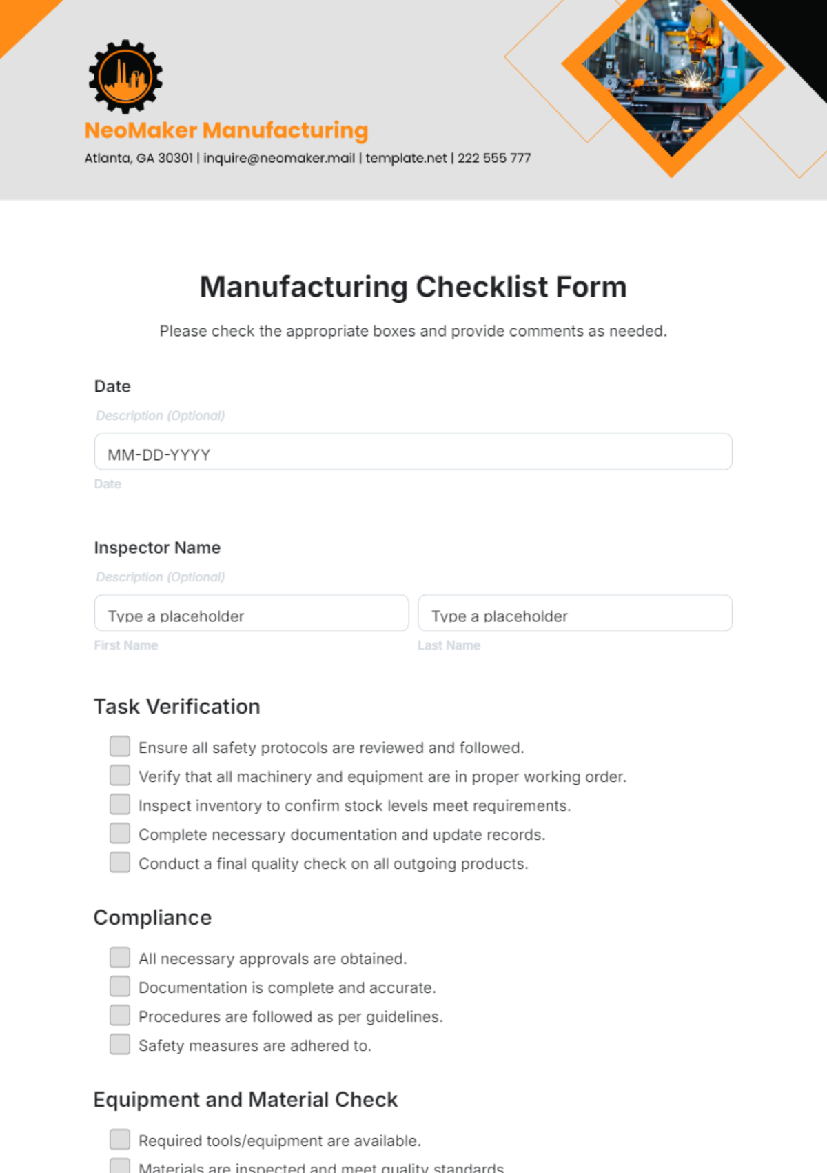 Manufacturing Checklist Form Template - Edit Online & Download