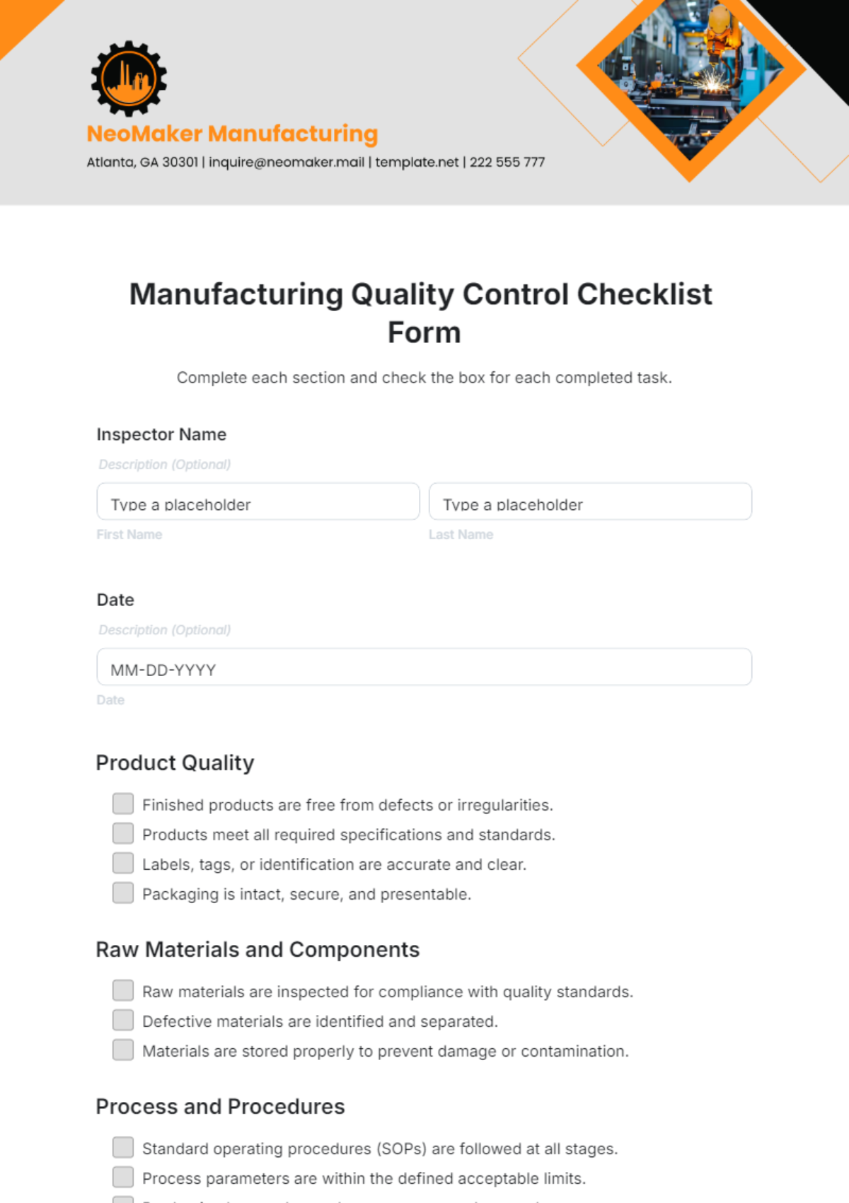 Manufacturing Quality Control Checklist Form Template - Edit Online & Download