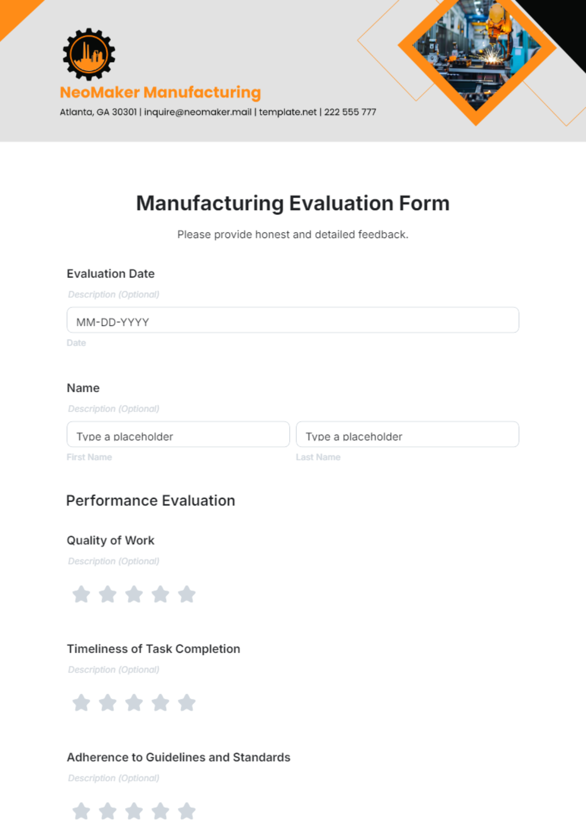 Manufacturing Evaluation Form Template - Edit Online & Download